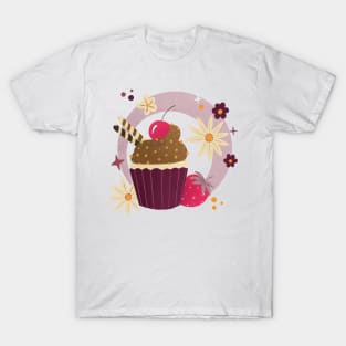 Retro Chocolate Cupcake, Strawberries and flowers T-Shirt